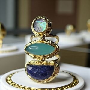 Unique 18k Gold Plated Chunky Lapis Lazuli Blue Chalcedony & Abalone Ring